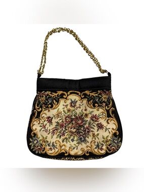 Vintage La Regale Black Floral Tapestry Purse Bag Handmade Macau Grandma